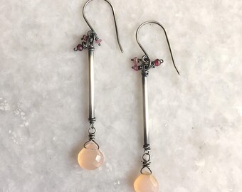 Wanderlust earrings – Chalcedony, garnet, pink tourmaline, oxidized sterling silver