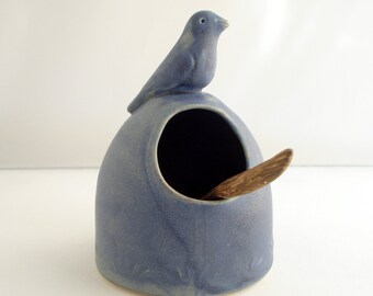 Ceramic salt cellar Blue bird Salt pig Made to order