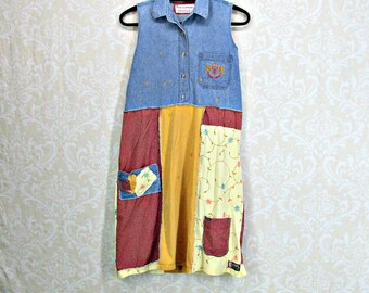 Womens M L, Eco Clothing, Upcycled Clothing, Denim Dress, Gypsy Dress, Boho Dress, Artsy, Romantic, Patchwork, Shabby Chic, Tunic