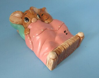 PENDELFIN Twins With Pink Blanket, VINTAGE Handpainted Sleeping Rabbits, Made In England Stonecraft Rabbits, Collectible Figurine