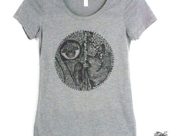 Smiling Sloth Women's Tee Animal Print Hand Screen Printed T Shirt