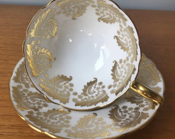 Royal Stafford Tea Cup and Saucer, White and Gold Teacup and Saucer, Wedding Gift Idea, Bone China,