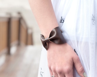 Bow Cuff Bracelet, Womens Gift for Her, Brown Cuff, Wide Cuff Bracelet Faux Leather Jewelry Wrist Cuff, Doctor Who Wrist Tattoo Covers Up