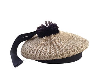 Child Girls' Straw Beret Hat / Natural Girl's Straw Hat / Girl's Vintage Easter Hat / Girl's Straw Beret Photo Prop Broadway