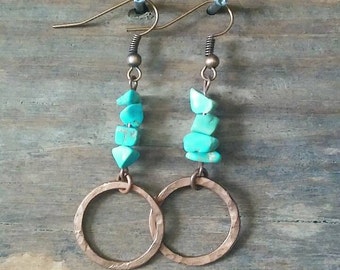 Turquoise earrings, hammered copper, turquoise jewelry, tribal jewelry, dangle earrings, turquoise drop, bohemian earrings, bohemian jewelry