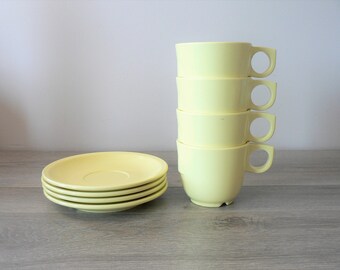 Vintage Pale Yellow Melmac Cup and Saucer Set of 4 - Stackable / Canadian Made 1958 Plastomer - melamine camping cups melmac teacup set