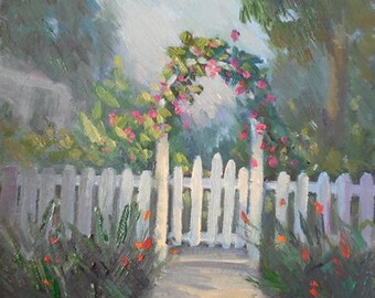 Small Landscape, Garden Painting, Oil Painting on Canvas, 8x8x1.5" Original,Free Shipping in US
