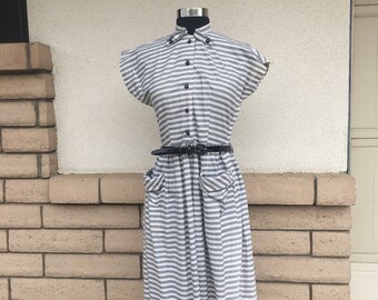 Vintage 50s Dress Gray Striped Shirt Waist Dress Size Extra Small