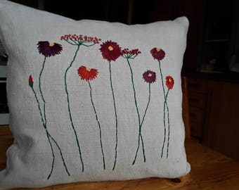 Hand Embroidered floral pillow made of old peasant linen