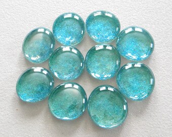10 Large Flat Glass GLITTER Gems - Iridescent AQUA - Half Marbles - Mosaics/Wedding/Floral Display