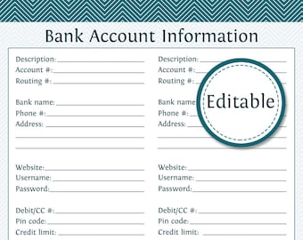 Bank Account Information - Fillable - Instant Download - Finance Printable PDF