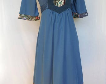 1970s Dress, Jody T of California, Patchwork Bodice, Slate Blue, Polyester, Extra Small XS