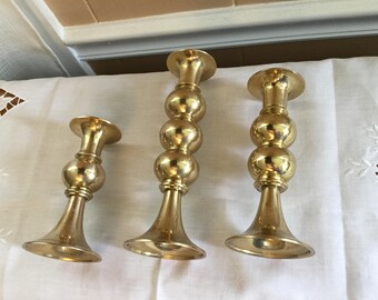 Set of 3 brass candlesticks, candleholders
