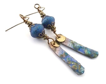 Handmade Earrings, Enameled Earrings, Rustic Blue Raku Earrings, BlueEarrings, Long Earrings, Brass Earrings, Boho Earrings, AE029