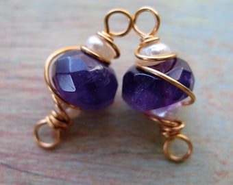 Faceted Amethyst and Seed Pearl Bead Connectors - 1 pair - 16mm in length