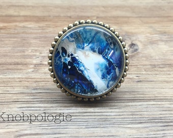 Large 2.25" Vibrant Blue and White Watercolor Knob with Glass Face - Drawer Knob Pull Cabinet Knob