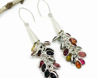 Tourmaline earrings. Set in sterling silver 92.5. Natural authentic multicolor stone earring. Length- 2.25 inch long.