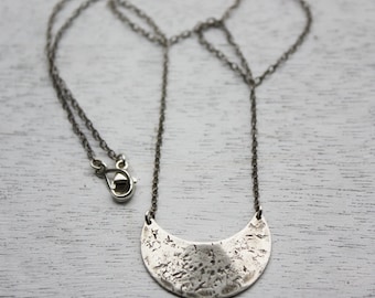 silver crescent moon necklace, sterling silver small shield necklace, moon pendant, tribal pendant, everyday necklace