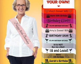 New Luxury Personalised 60th 70th 80th Birthday Sash Adult Lovely Perfect Gift for Woman Elder Grandmother Satin Custom Single Sided