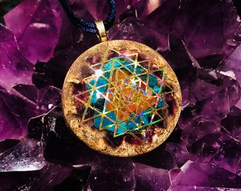 Orgonite® Pendant ~ Orgone Sri Yantra ~ Shungite, Amethyst, Carnelian, Chrysocolla EMF Protection Jewelry 2"