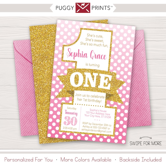 Pink and Gold Ombre First Birthday Invitation Pink and Gold