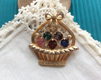 Antiqued Gold Easter Basket with Rhinestone Figural Brooch Pin