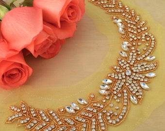 Gold Rhinestone Applique Collar Applique. Neckline Applique. Collar Applique Handmade Gold Rhinestones with Beaded Long U-Shape- FILICIA