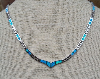 Natural blue / green Opal and Sterling silver Necklace