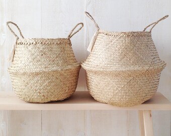 Natural Belly Basket Seagrass Panier Boule Tassel Large Medium Nursery Storage Market Bag Picnic Bag Planter Toy Organizer