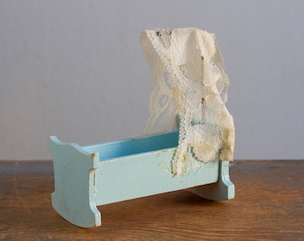 Lundby Wooden Rocking Cradle with Lace Canopy - 1:16 / 3/4 Inch Scale Vintage Dollhouse Furniture