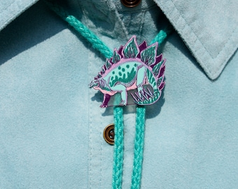Big or Small Stegosaurus bolo tie with Purple or Light Teal cord
