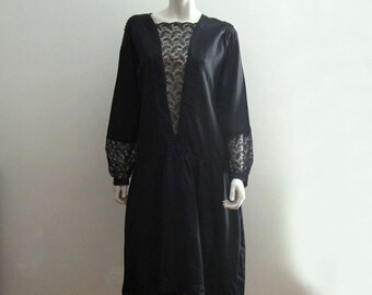 1920s Silk Dress / 20s Silk Dress / Black Silk Lace Illusion / LARGE