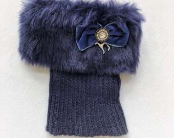 Navy Blue Faux Fur Neck Warmer with Navy Blue Velvet Bow, Rhinestone Button and "Iggy" charm detail