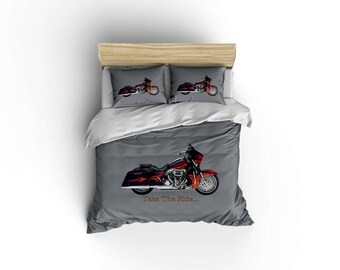 Classic Harley Davidson duvet,harley duvet covers,motorcycle decor,biker bedding,Hog owners,Made in USA,motorcycle designs.