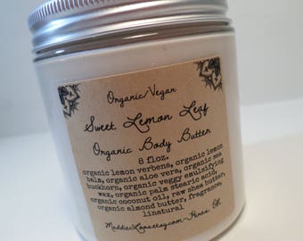FREE SHIPPING-Organic/Vegan Sweet Lemon Leaf Organic Body Butter with Organic Lemon Balm-Organic Body Butter- Vegan Body Butter-8oz.