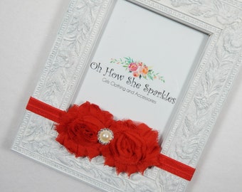 Headbands, Girls Red Headband, Pearl Rhinestone Headband, Baby Red Flower Headbands, Infants Headband, Infant Headband, Toddler Headband