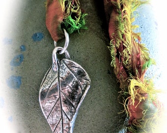 Fine Silver Turning Leaf Pendant Charm Necklace on SILK Sari Ribbon