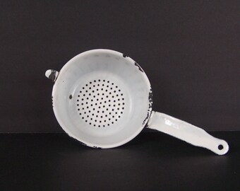 Strainer Enamelware White Black Metal Colander Vintage