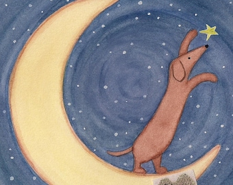 Brown dachshund (doxie) on the moon reaches for a star / Lynch signed folk art print