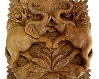 VINTAGE ELEPHANT SCULPTURE,relief hand carved wood,Indonesia,India,South Asia,fine art,plants,trees,wall decoration,vg condition,folk art