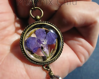 Blue Pressed Flower Necklace Lobelia Jewelry Vintage Victorian Statement Eco Resin Pendant terrarium jewelry real pink flower necklace