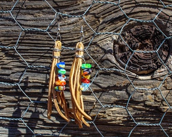 Leather Tassel Earrings with Stained Glass Beads