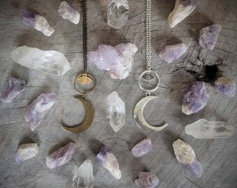 SALE Crescent Moon Necklace - Evil Eye - Pendant - Talisman - Jewelry - Witchy - Goth - Celestial - Amulet - Silver - Bronze - Boho