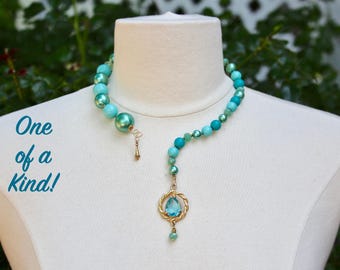 Turquoise Open Collar Necklace, Statement, Upcycled, Unique, Hand Wired, Aquamarine Gold, Pearl, Beaded, OOAK, Jennifer Jones - Seascape