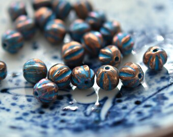 Rusty Bits - Premium Czech Glass Beads, Opaque Bronze, Turquoise Wash, Baby Melon Rounds 6mm - Pc 25