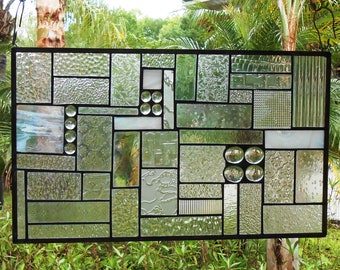 Stained Glass Panel, Stained Glass Transom Window, Glass Window Valance, OOAK Patchwork Stained Glass Window Treatment, Handmade Glass Quilt