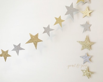 Silver and Gold Glitter Star Garland, Banner, Bunting - Doublesided
