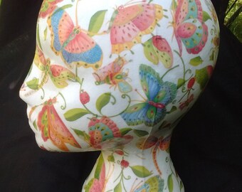 Decoupage female mannequin head for hats, jewellery & wig display in butterfly, dragonfly, bee ladybird design, hat stand, poly, styrofoam