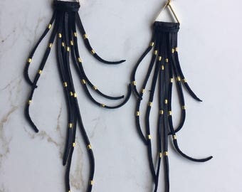 Fireworks Long Tassel Earrings Deerskin Leather Suede Brass