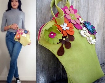 SALE Leather Flower Basket Wristlet Bag made from Soft Italian Suede from a Victorian Pattern - Romantic - Handbag - Spring Bag, Stacy Leigh